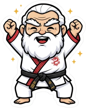 The sensei cheering with both fists raised