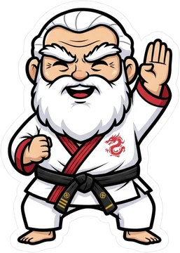 The dojo sensei, a chibi martial-arts master with a white beard, watching proudly